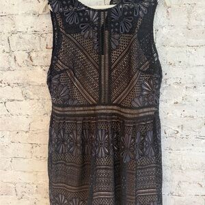 Sleeveless Black Lace Midi Dress with Floral Appliqué